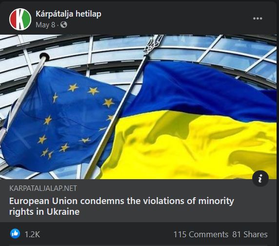 This post representing the narrative ‘Hungarian identity in Ukraine is mistreated’ had 1445 total interactions